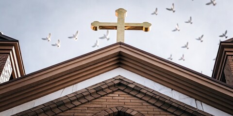 Golden Cross on Church Tower with Flying Birds