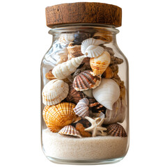 Collection of assorted seashells and sand displayed beautifully in a clear glass jar with cork lid transparent