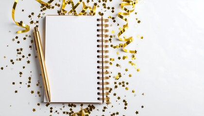 Blank notebook with gold confetti and ribbons