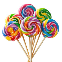 Colorful swirl lollipops arranged on wooden sticks in a vibrant and appealing composition for treats transparent