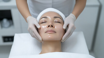Woman receiving facial treatment, therapist hands gently massage the face, promoting skin health and rejuvenation in a modern, clean spa environment.