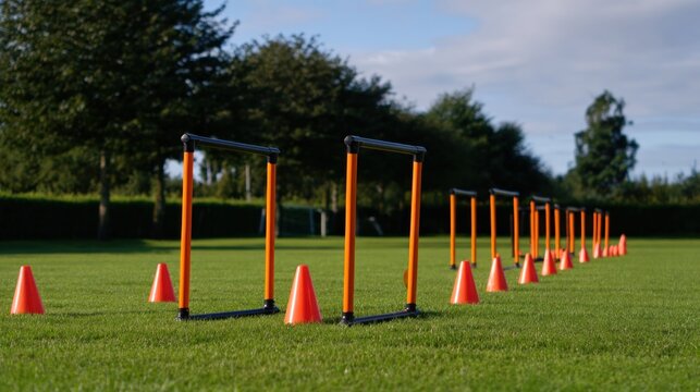 Orange agility training equipment on grassy field