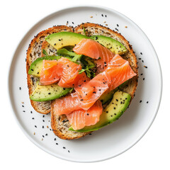 Delicious avocado toast with smoked salmon and fresh greens plated elegantly transparent