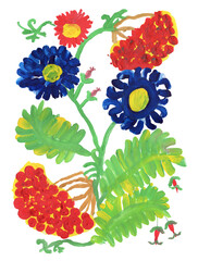 Hand drawn Autumn floral composition. Gouache painted Fantasy dahlia, aster flowers, viburnum branches, rowan bunch on a white backdrop