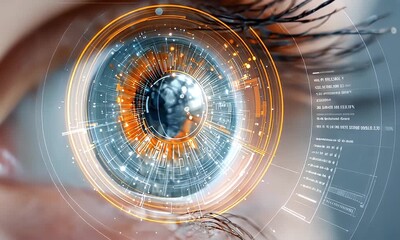 Analyzing Eye with Futuristic Interface Overlay Slow Zoom - Powered by Adobe