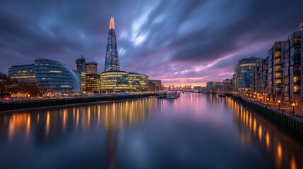 Obraz premium Dramatic Skyline of London with The Shard at Dusk Reflecting on the Thames