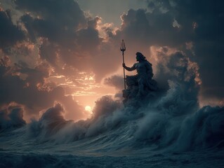 Poseidon god of the sea, emerges from waves holding a trident
