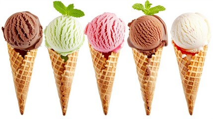 Strawberry, chocolate, vanilla and mint ice cream scoops or balls in cones isolated on white background including clipping path.