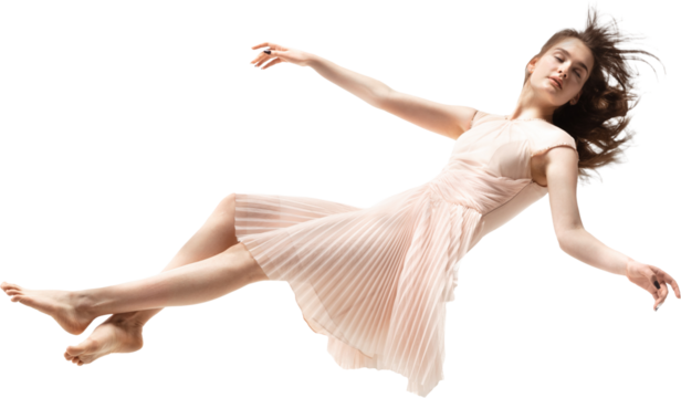 Woman floating in pleated dress with peaceful dreamy expression isolated on transparent background. Concept of dream, levitation, fantasy, freedom, creativity, imagination.