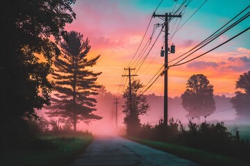 Obraz premium Vibrant Hues Illuminate the Countryside Road at Dawn