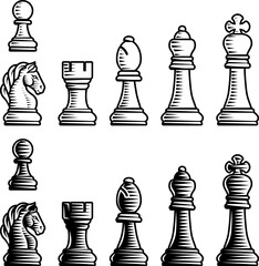 Stylized black and white illustration of classic chess pieces in engraved woodcut style design. Full set includes pawn, knight, rook, bishop, queen and king arranged by color.