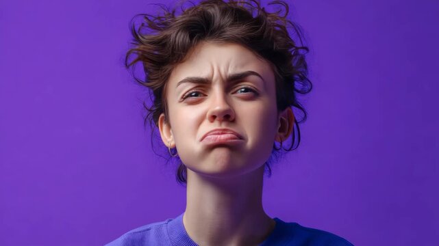 Confused, puckered lips expression on woman with dark hair against purple background.