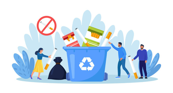 Quit smoking. Smokers quitting smoke tobacco, rejecting from unhealthy bad habit. People throw away cigarette packaging in trash can to avoid nicotine addiction