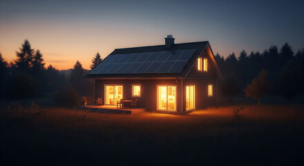 Illustration of cozy cottage with solar panels on the roof glows warmly with interior lights against darkening twilight sky, nestled in natural landscape