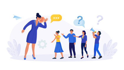 Businessman with big ear to hear people. Leader hearing voice of employees on meeting. Skill of boss to listen to advice, suggestions and opinions. Manager talking with customers, client feedback