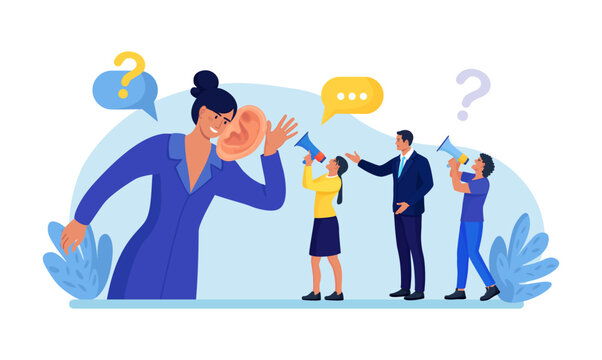 Businessman with big ear to hear people. Leader hearing voice of employees on meeting. Skill of boss to listen to advice, suggestions and opinions. Manager talking with customers, client feedback