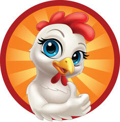 Adorable female cartoon chicken smiling and giving a thumbs up in front of a radiant orange burst circle. Friendly and playful character.