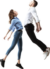 Man and woman midair facing upward in synchronized floating pose, on transparent background....
