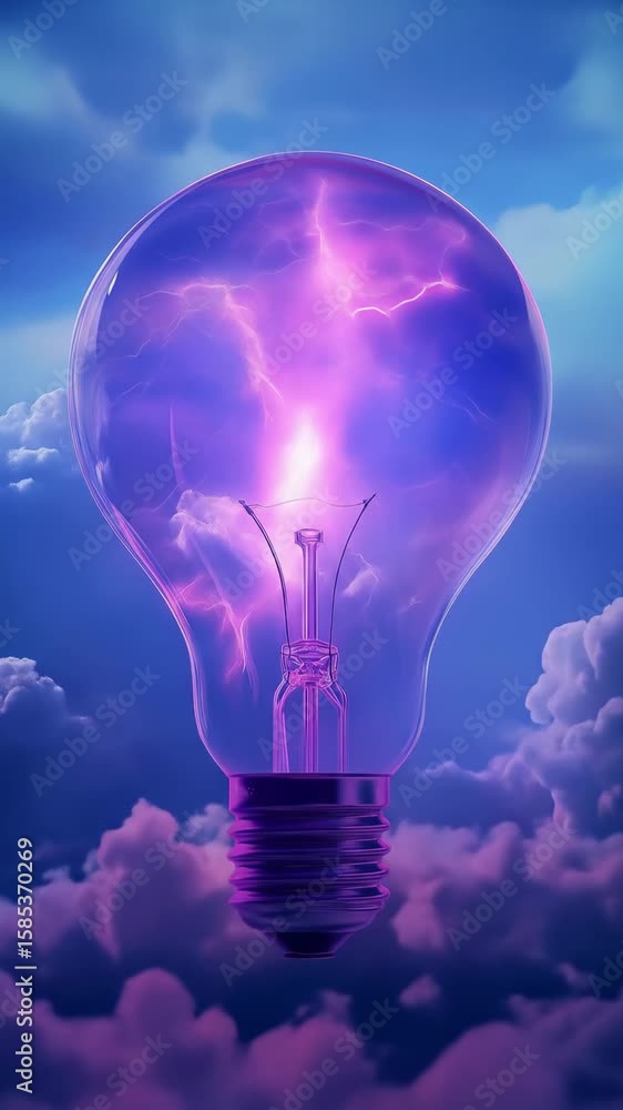 Poster electric light bulb with lightning inside, floating in clouds. creative idea and imagination concept