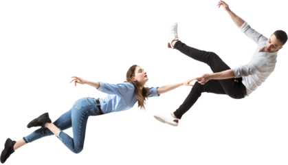 Couple levitating horizontally while holding hands in dramatic fall, on transparent background. Concept of risk, support, surreal flight, emotional bond, challenge, teamwork, falling and saving moment