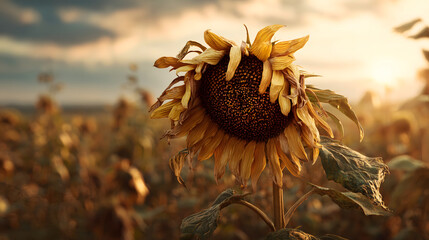 A lone, fading sunflower in a field.	A close-up of a single, beautiful sunflower that is just beginning to fade and droop its heavy head at the end of the season, under a golden sky.
