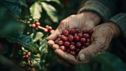 Harvest of coffee cherries: hands gently cradling a handful of freshly picked, ripe coffee cherries in a close-up shot, symbolizing the care and dedication of the harvest. 