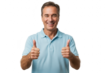 A smiling man giving two thumbs up isolated on transparent background