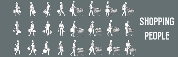 Architectural Drawings shopping People vector illustration, front view, human person Minimal style hand drawn. Sections, Elevations, Floor Plans