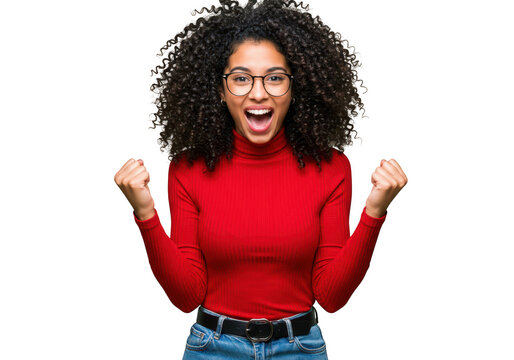 A cheerful young woman with curly hair, isolated on transparent background, celebrates with excitement, wearing a red sweater and glasses