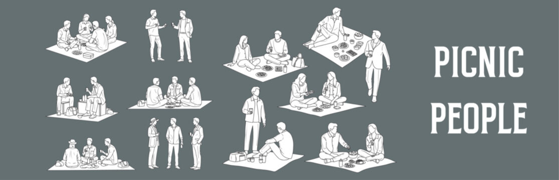 Architectural Drawings picnic People vector illustration, front view, human person Minimal style hand drawn. Sections, Elevations, Floor Plans