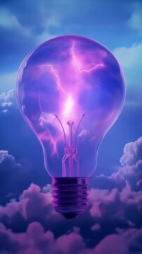 Electric light bulb with lightning inside, floating in clouds. Creative idea and imagination concept. Innovative solution for new thinking footage.