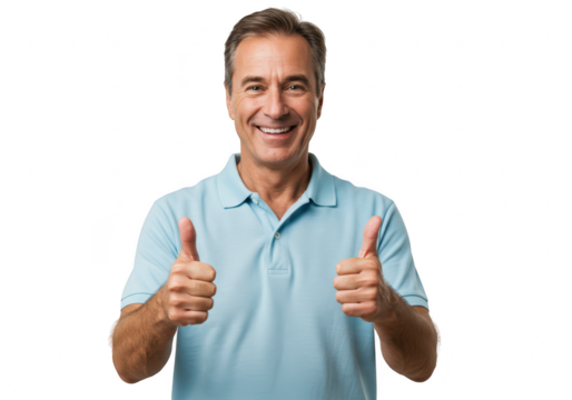 A smiling man giving two thumbs up isolated on transparent background - Powered by Adobe