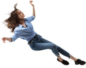 Woman with closed eyes levitating sideways in blue shirt and jeans, on transparent background. Concept of inner peace, falling dream, emotion, surreal levitation, stillness, and floating identity.