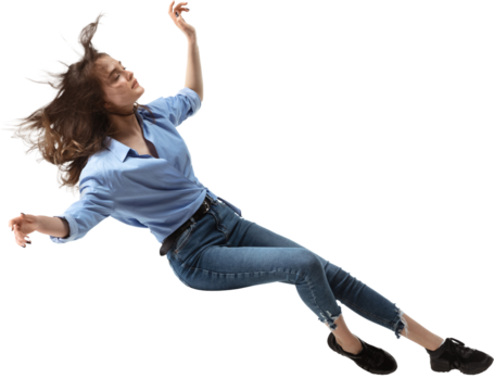Woman with closed eyes levitating sideways in blue shirt and jeans, on transparent background. Concept of inner peace, falling dream, emotion, surreal levitation, stillness, and floating identity. - Powered by Adobe