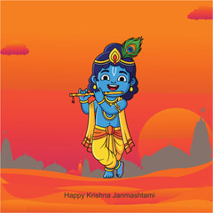 Krishna Janmashtami: Celebrating Shri Krishna’s Birth with Flute, Peacock Feather, and Temple Silhouettes under Dawn’s Sacred Glow  Hindi Typography ‘Krishna’ with Dahi Handi  Devotional Symbolism 