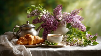 Elegant Breakfast with Croissants, Coffee, and Lilacs – Peaceful Morning Scene in Rustic Style with Floral Accents and Natural Soft Light