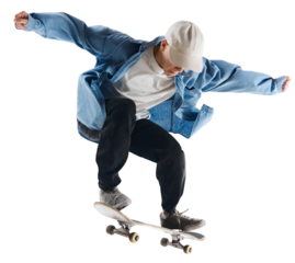 Skater in mid-air with focused face during dynamic flip trick in casual denim and cap, on transparent background. Concept of street culture, confidence, motion, fashion, action sports, and energy.