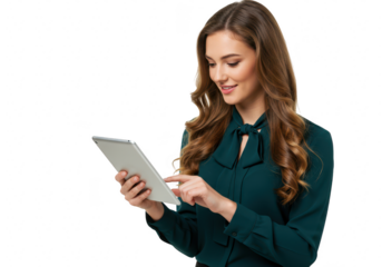 A smiling businesswoman is using a tablet, isolated on transparent background