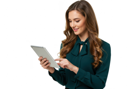 A smiling businesswoman is using a tablet, isolated on transparent background