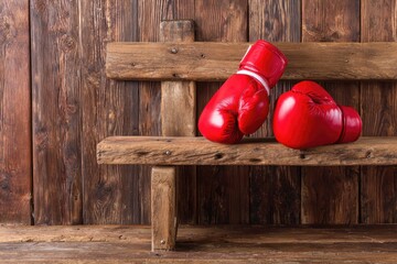 Red boxing gloves rest on a rustic wooden bench against a weathered wood wall