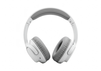 White wireless headphones with gray earcups isolated on transparent background offer a comfortable and immersive listening experience