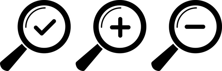 Fototapeta premium Zoom In and Zoom Out icons. Search icons. Magnifying Glass icons. Searching success icons. magnifier with plus and minus. loupe with check mark sign. 