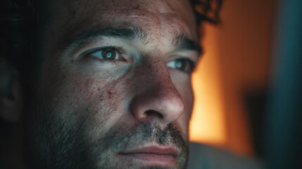 Obraz premium A man's intense focus in digital immersion, glowing softly with unseen connection