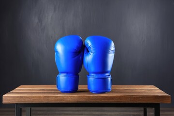 Two vibrant blue boxing gloves rest on a wooden table against a dark gray background