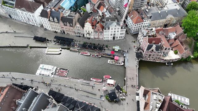 Overhead birds eye drone aerial , Ghent historical centre Belgium boat tours