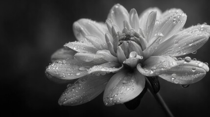 Monochrome dahlia portrait glistens with moisture after rainfall in black and white