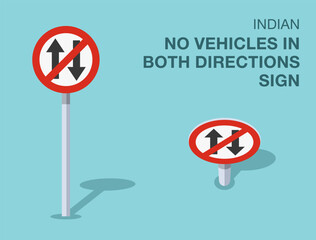 Traffic regulation rules. Isolated indian "no vehicles in both directions" road sign. Front and top view. Flat vector illustration template.