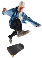 Skater gliding low with outstretched arms and downward gaze captured in high perspective, on...