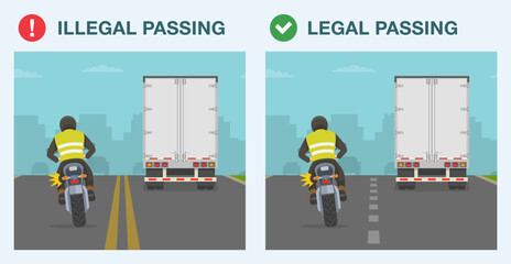 Safe driving tips and traffic regulation rules. Legal and illegal passing. Back view of a motorcycle rider overtaking a truck on motorway by passing the double solid lines. Flat vector illustration.