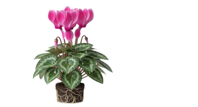 Beautiful pink cyclamen plant with visible roots and green variegated leaves isolated on transparent background - Powered by Adobe